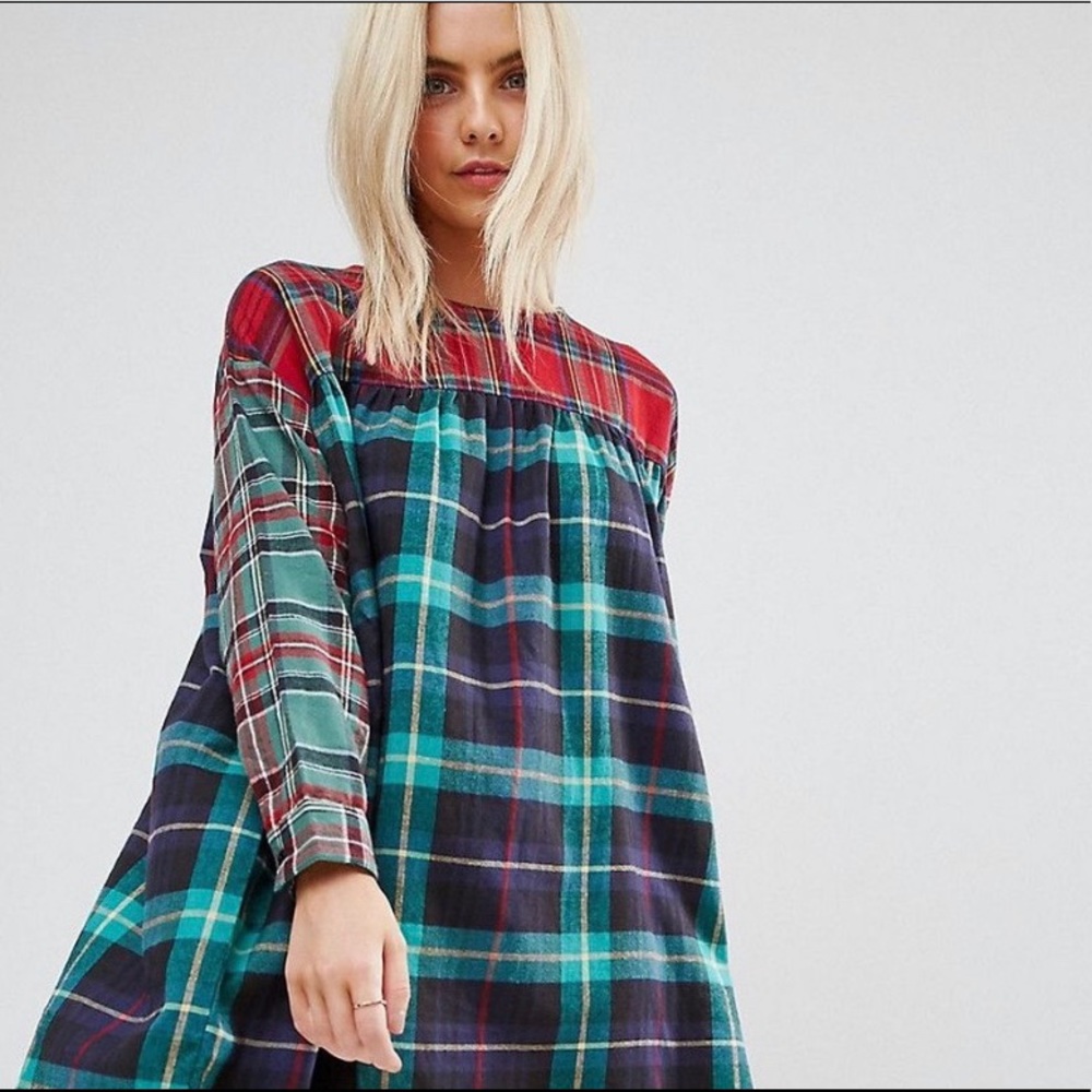 Plaid babydoll smock dress